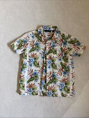 Janie and Jack White Short-Sleeve Hawaiian Shirt with Blue & Green Floral Print